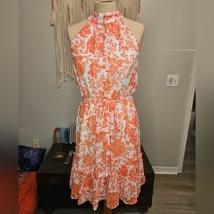 Floral Halter Neck Dress in Orange and White